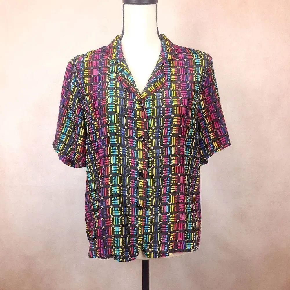 Vintage Liz Baker Short Sleeve Button Down Shirt Black Pink Green Size Med/Lg
